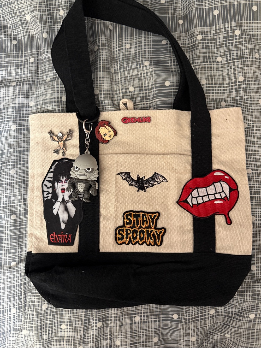 Canvas Tote Bag with Gothic Patches - Black & Cream